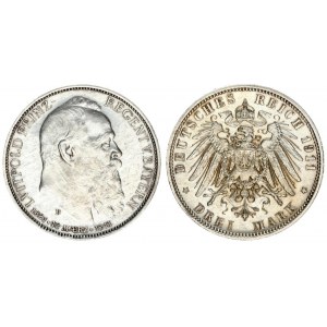 Germany Bavaria 3 Mark 1911 D  90th Birthday of Prince Regent Luitpold. Averse: Head right. Reverse:...