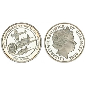 Guernsey 1 Pound 1998 80th Anniversary - Royal Air Force. Elizabeth II(1952-). Averse: Head with tia...