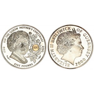 Guernsey 5 Pounds 2000 Queen Mother's 100th Birthday. Elizabeth II(1952-). Averse: Head with tiara r...