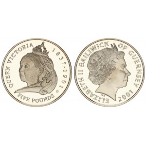 Guernsey 5 Pounds 2001 Queen Victoria Centennial. Elizabeth II(1952-). Averse: Head with tiara right...