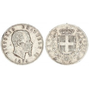 Italy 5 Lire 1874 M BN Vittorio Emanuele II(1861-1878). Averse: Head right. Reverse: Crowned shield ...