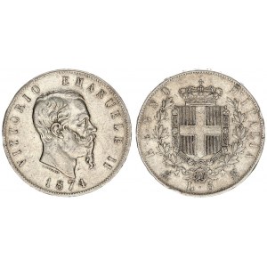 Italy 5 Lire 1874M BN Vittorio Emanuele II(1861-1878). Averse: Head right. Reverse: Crowned shield w...