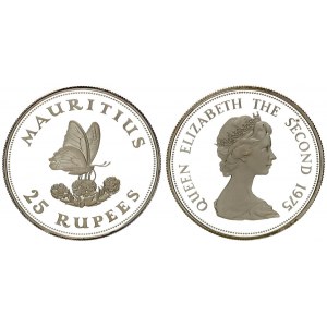 Mauritius 25 Rupees 1975 Elizabeth II(1952-). Averse: Young bust right. Reverse: Butterfly on flower...