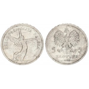 Poland 5 Zlotych 1928 (w) Averse: Crowned eagle with wings open. Reverse: Winged Victory right. Edge...