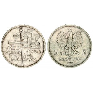 Poland 5 Zlotych 1930 (w) Centennial of 1830 Revolution. Averse: Crowned eagle with wings open flank...