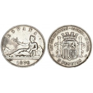 Spain 5 Pesetas 1870 SN M. Provisional Government. Averse: Seated Liberty date below. Reverse: Crown...