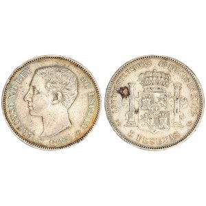 Spain 5 Pesetas 1875 (75) DE M. Alfonso XII(1874-1885). Averse: Head left. Averse Legend: ALFONSO XI...