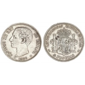 Spain 5 Pesetas 1876 (76) DE M. Alfonso XII(1874-1885). Averse: Head left. Averse Legend: ALFONSO XI...