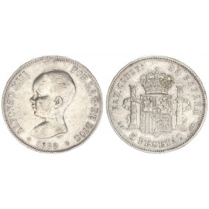 Spain 5 Pesetas 1888 (88) MP M. Alfonso XIII(1886-1931). Averse: Toddler's head left. Averse Legend:...