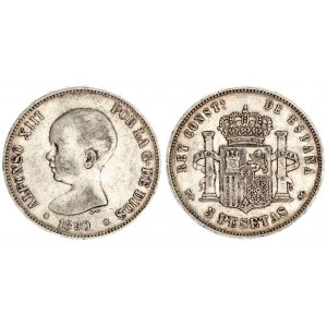 Spain 5 Pesetas 1890 (90) MP M. Alfonso XIII(1886-1931). Averse: Toddler's head left. Averse Legend:...