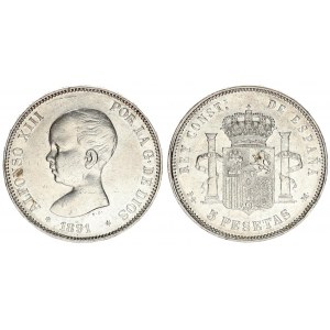 Spain 5 Pesetas 1891 (91) PG M. Alfonso XIII(1886-1931). Averse: Toddler's head left. Averse Legend:...