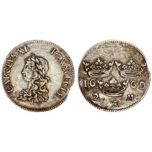 Sweden 2 Mark 1669 Charles XI (1660-1697). Averse: Youthful laureate bust of Carl XI left. Reverse: ...
