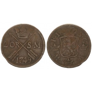 Sweden 2 Ore 1749 Frederick I  (1751-1771) Av: Crown above rampant lion within shield flanked by 3 c...