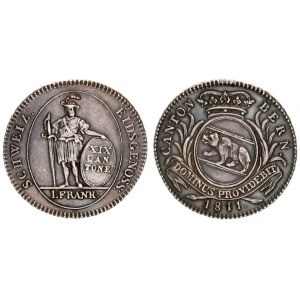 Switzerland Bern 1 Frank 1811.  A.: Bear in crowned oval shield within sprigs above banner and date....