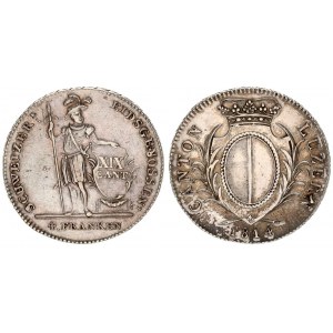 Switzerland Cantons Luzern 4 Franken 1814 Averse: Crowned oval shield within palm sprigs. Averse Leg...