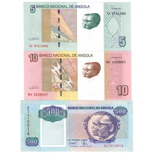 Angola 5&10&500 Kwanzas 1991-2012 Lot of 3 Banknotes