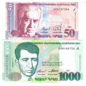 Armenia 50-1000 Dram 1998-2001 Lot of 2 Banknotes