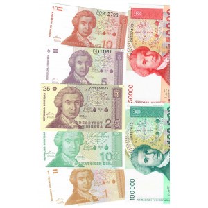 Croatia 1-100000 Dinara 1991-1993 Lot of 7 Banknotes
