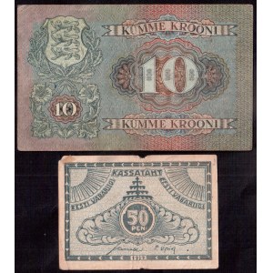 Estonia Treasury sign of the Republic of Estonia 1919 50 Pennia; Bank ticket 1937 10 Krooni No. A-08...