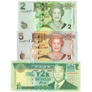 Fiji 2 &5  Dollars 2000-2007  Lot of 3 Banknotes; KM:109a; 110b; P.102a
