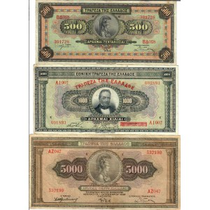 Greece 500 & 1000 & 5000 Drachmai 1926 - 1932 Lot f 3 Banknotes