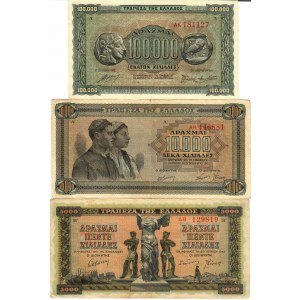 GreeceGreece 5000 & 10000 & 100000 Drachmai 1942 - 1943 Lot f 3 Banknotes