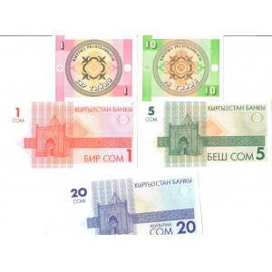 Kyrgyzstan 1 -10Tyiyn & 1-20 Som 1993  Lot of 5 Banknotes