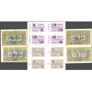Lithuania Talon 10 and 20 Centu 1991; Coupons 1992 and 1993 Lot of 6 Banknotes