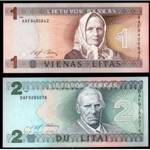 Lithuania Banknote 1 &2  Litai  1993-1994 Pick#54; 53. Lot of 2 Banknotes
