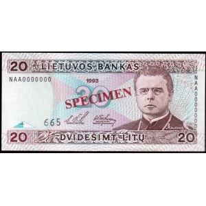 Lithuania 20 Litu Specimen 1993 P#57s