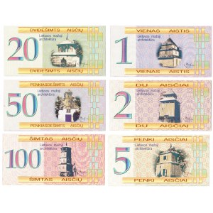 Lithuania 1-100 Aisciu 2002 Little Architecture  RY # 18018-23. (Private currency). Lot of 6 Banknotes