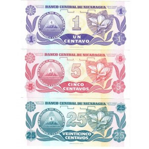 Nicaragua  1 5 25 Cordobas Centavos 1991-1992 Lot of 3 Banknotes