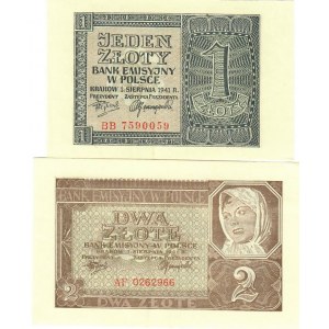 Poland 1 & 2 Zlote 1941 Lot of 2 Banknotes