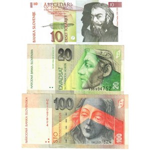 Slovenia 10 Tolarjev 20&100 Korun 1992- 2006 Lot of 3 Banknotes
