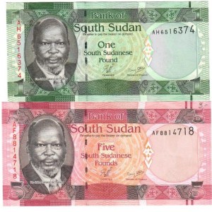 South Sudan 1-5 Pounds 2011-2015 J. Garang de Mabior  Lot of 2 Banknotes