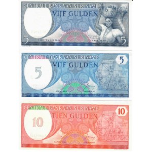 Suriname 5-10 Gulden 1963-1982  Lot of 3 Banknotes