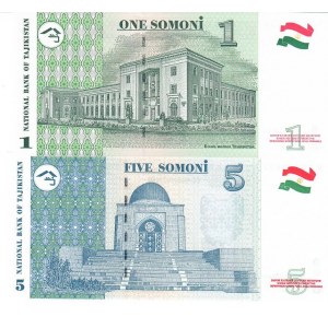 Tajikistan  1 & 5 Somoni 1999 Lot of 2 Banknotes