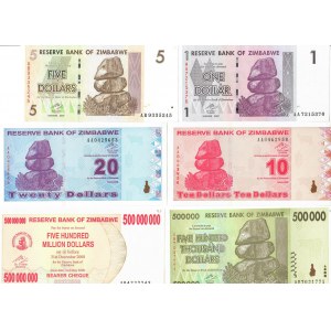 Zimbabwe 1-500 000 000 Dollars 2007-2008 Lot of 6 Banknotes