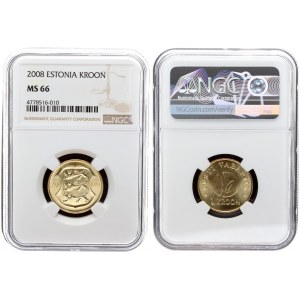 Estonia 1 Kroon 2008 Averse: National arms. Reverse: National arms. Reverse: Stylized plant in circl...
