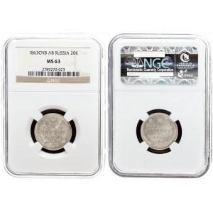 Russia 20 Kopecks 1863 СПБ АБ St. Petersburg. Alexander II (1854-1881). Averse: Eagle redesigned rib...