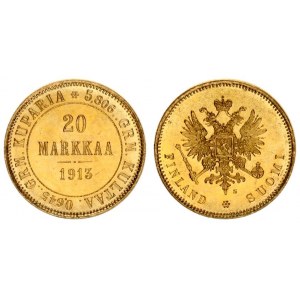 Russia for Finland 20 Markkaa 1913 S Nicholas II (1894-1917). Averse: Crowned imperial double eagle ...