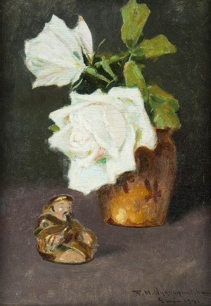 Feliks Michał Wygrzywalski (1875 Przemyśl - 1944 Rzeszów), Kwiaty białej róży i figurka buddy, 1941 r