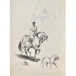 Ludwik Maciąg (1920-2007), Szkice: jeździec na koniu, koń, uciekające dziki, koń zaprzężony do pługu