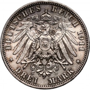 Niemcy, Saksonia, Fryderyk August III, 3 marki 1911 E, Muldenhütten