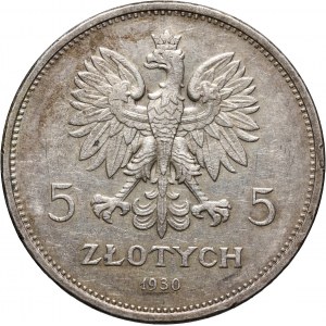 II RP, 5 złotych 1930, Warszawa, Sztandar, stempel płytki