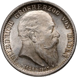 Niemcy, Badenia, Fryderyk I, 2 marki pośmiertne 1907, Karlsruhe