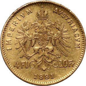 Austria, Franciszek Józef I, 4 floreny = 10 franków 1881, Wiedeń