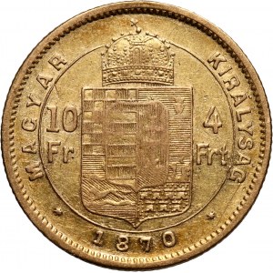 Węgry, Franciszek Józef I, 4 forinty = 10 franków 1870 KB, Kremnica
