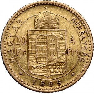 Hungary, Franz Joseph I, 4 Forint = 10 Francs 1889 KB, Kremnitz