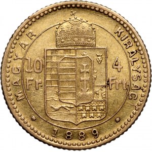 Węgry, Franciszek Józef I, 4 forinty = 10 franków 1889 KB, Kremnica